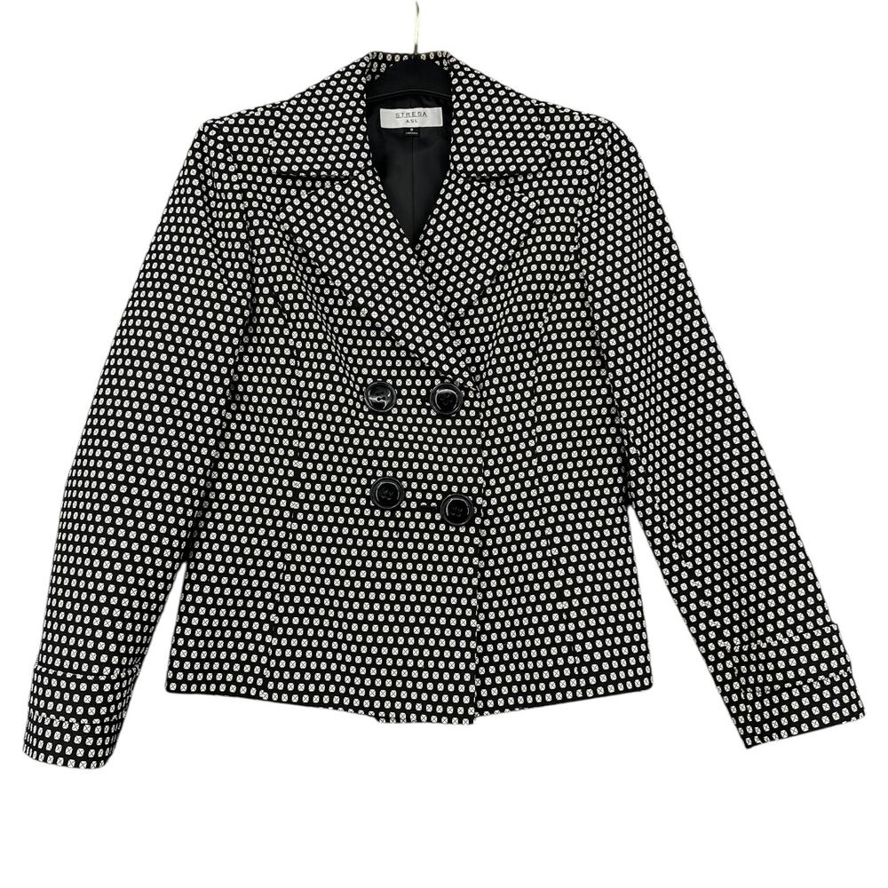 Stresa Black White Double Breasted Notched Lapel Geometric Blazer Jacket Size 8‎
